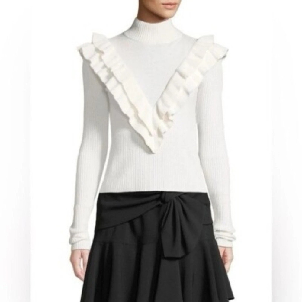Cinq a Sept Ivory Palomino Ribbed Ruffle Mock Neck Cashmere Blend Sweater Sz M